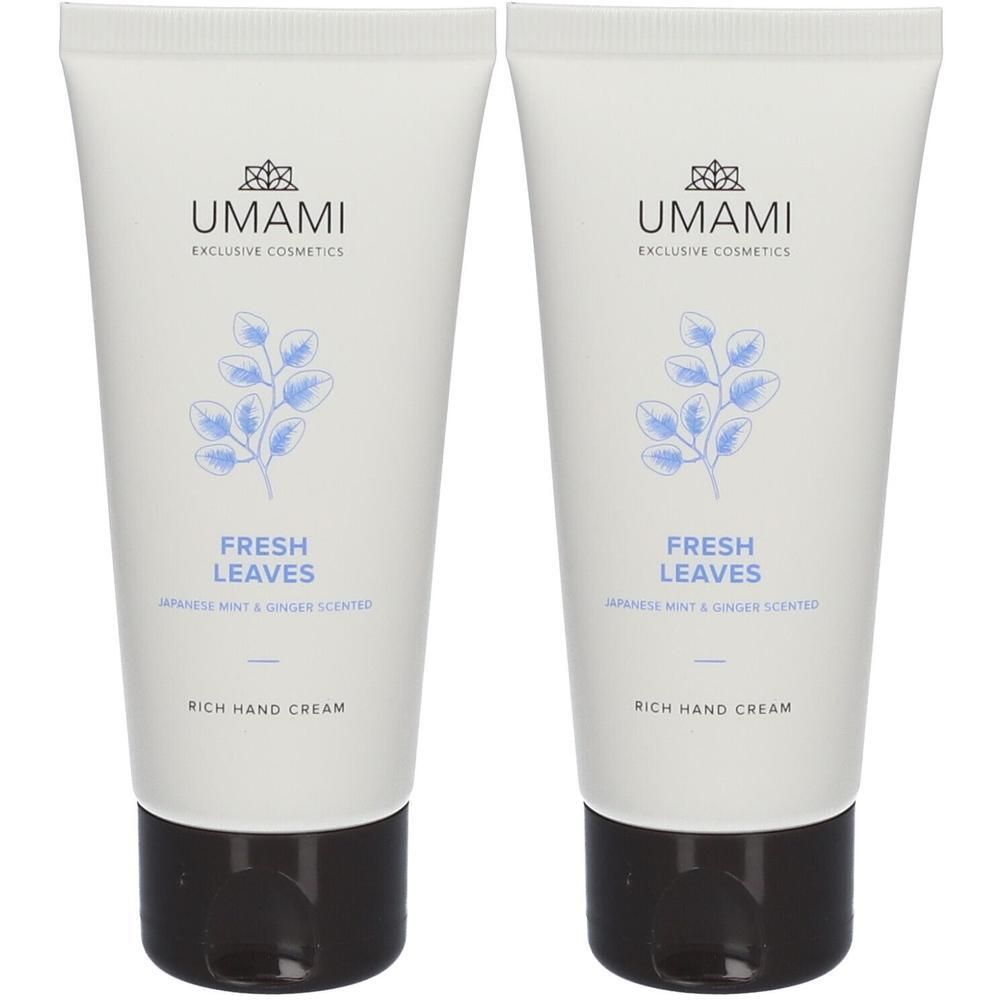 Deux tubes de crème pour les mains UMAMI "Fresh Leaves" avec motif de feuilles.