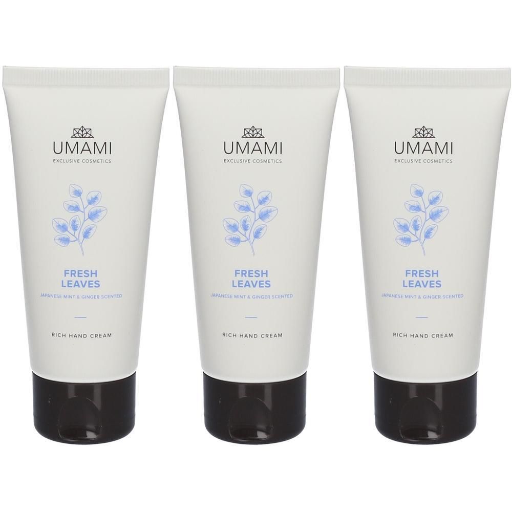 Drie tubes UMAMI Handcrème 'Fresh Leaves' met blauw bladerenmotief en zwarte dop.