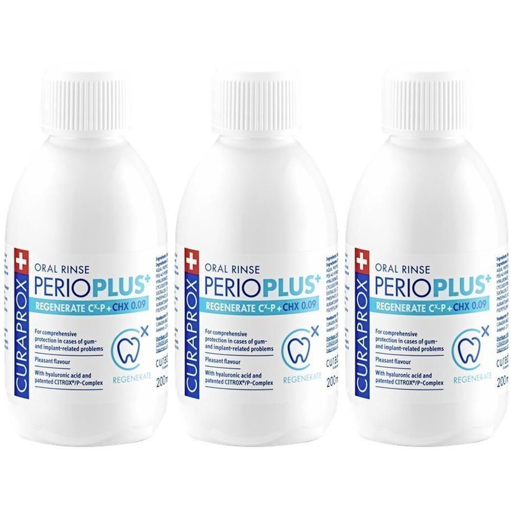 Drie flessen Curaprox Perio Plus+ Regenerate mondwater met CHX 0.09.