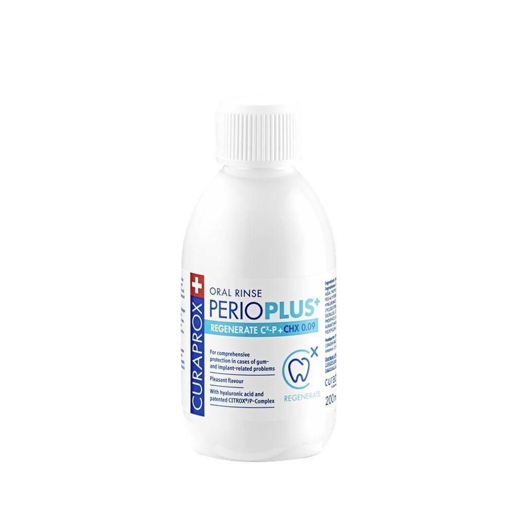 Witte fles mondspoeling Perio Plus+ Regenerate van Curaprox met CHX 0,05%.