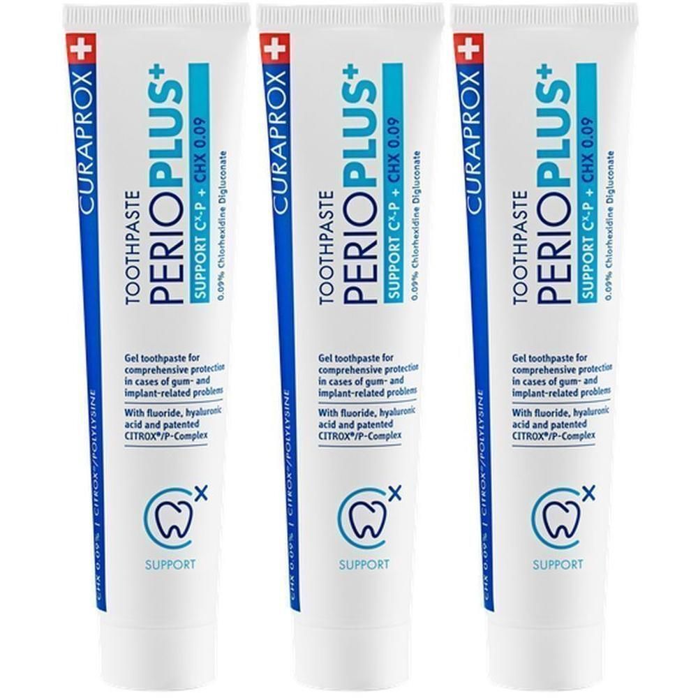 Trois tubes de dentifrice Curaprox Perio Plus+ Support, avec informations détaillées sur le produit à l'avant.