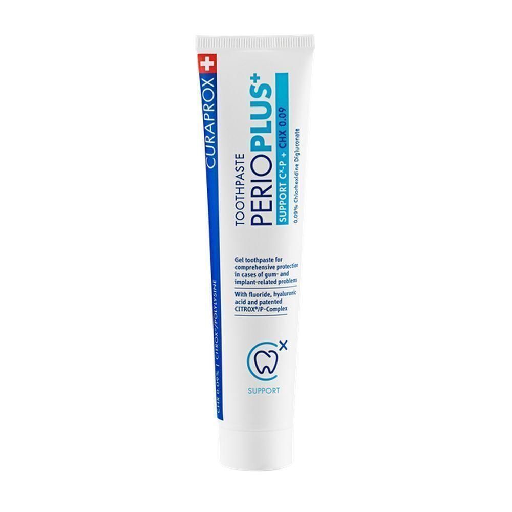 Curaprox Perio Plus+ Support tandpastatube met informatie over fluoride en CITROX®/P-complex.