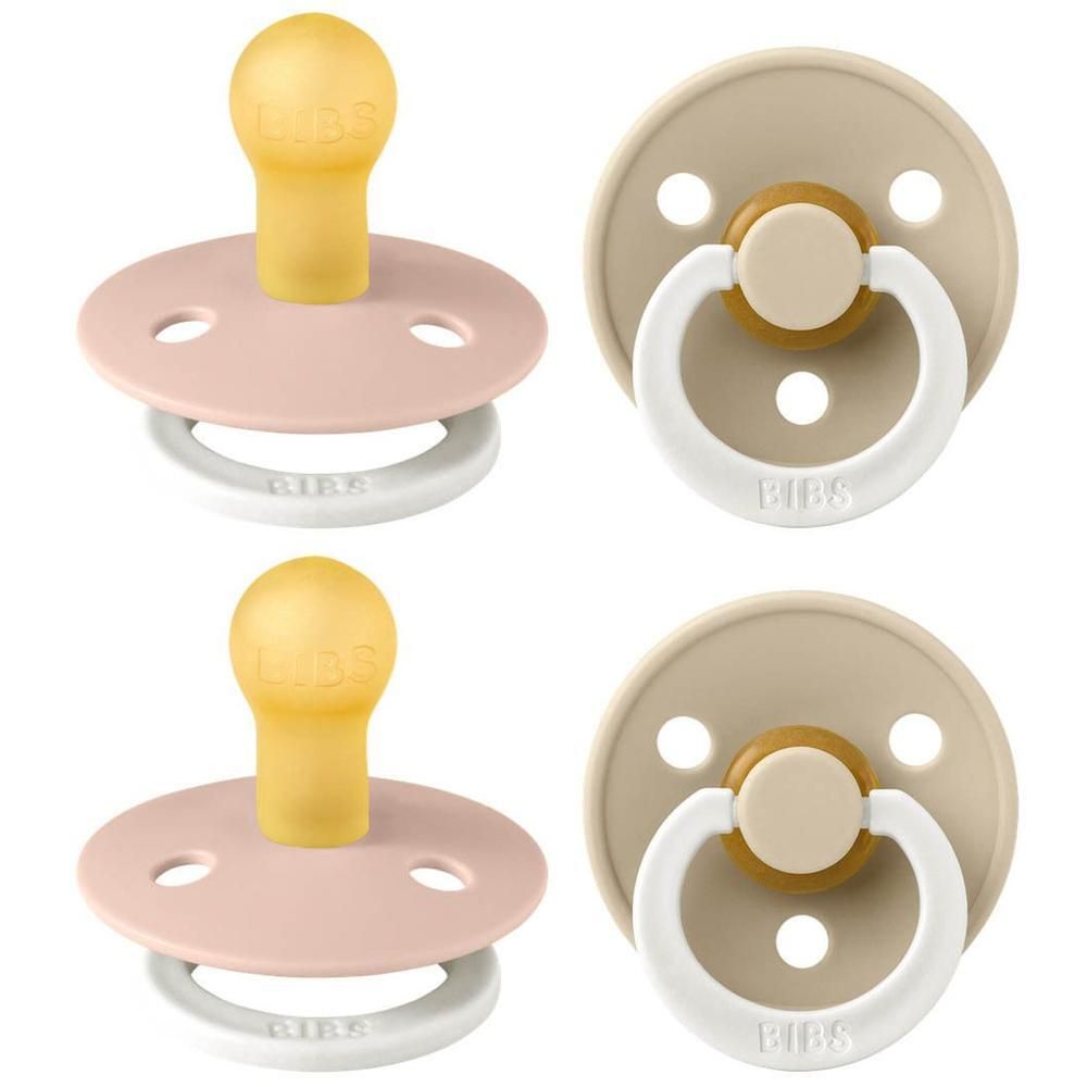 Twee BIBS latex spenen in roze en beige, maat 1.
