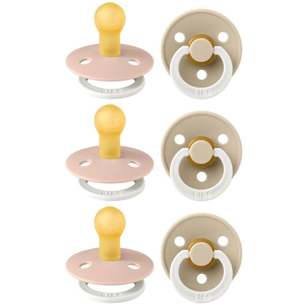 Drie roze en drie beige BIBS spenen met gele speen en witte ring.