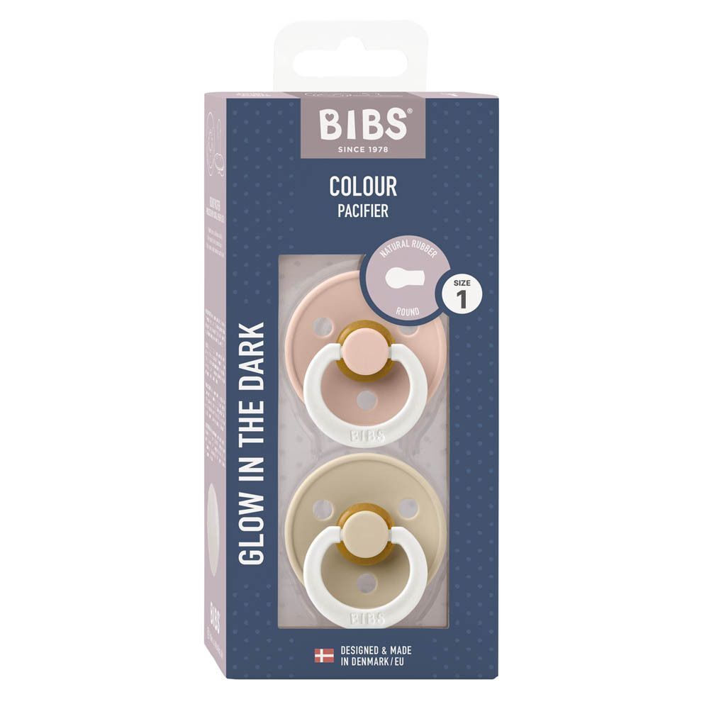 Emballage BIBS avec deux sucettes, rose et beige, taille 1, lueur dans le noir.