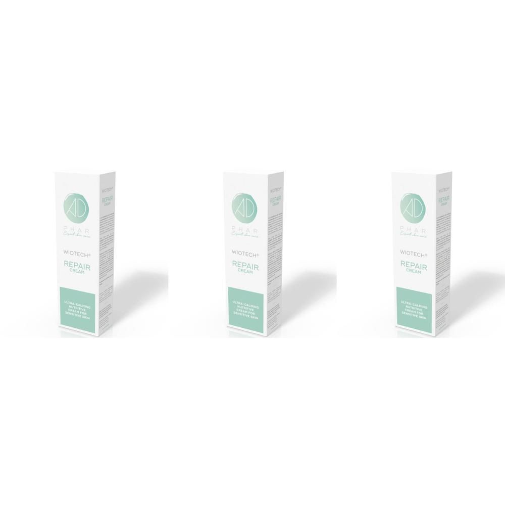 Trois boîtes de crème réparatrice Wiotech avec logo et texte.