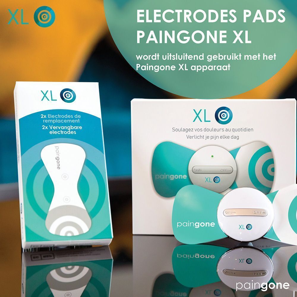 Paingone XL elektroden en apparaat. "Electrodes Pads Paingone XL wordt uitsluitend gebruikt met het Paingone XL apparaat."
