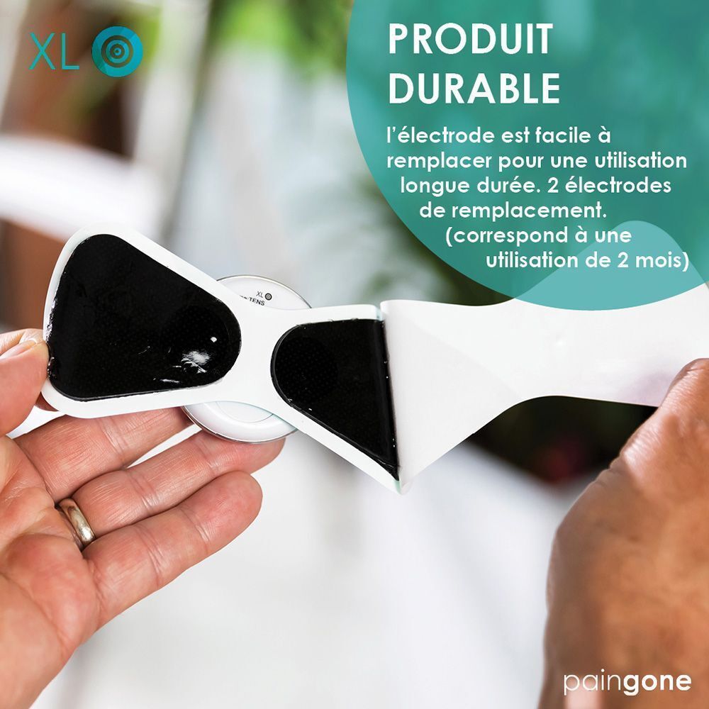 Main tenant une électrode Paingone XL. "Produit durable. L'électrode est facile à remplacer pour une utilisation longue durée."