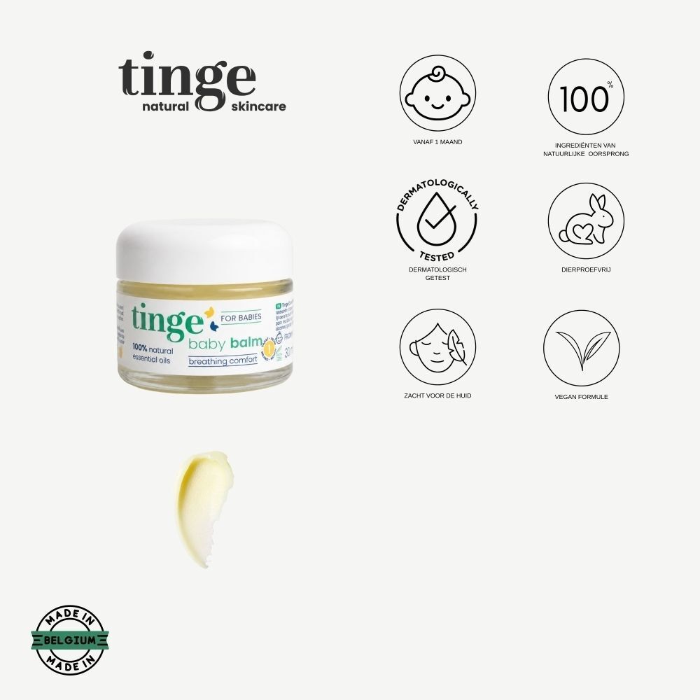 Tinge Baby Balsem: Glazen pot met witte dop. Iconen: Dermatologisch getest, Vegan Formula, Made in Belgium.