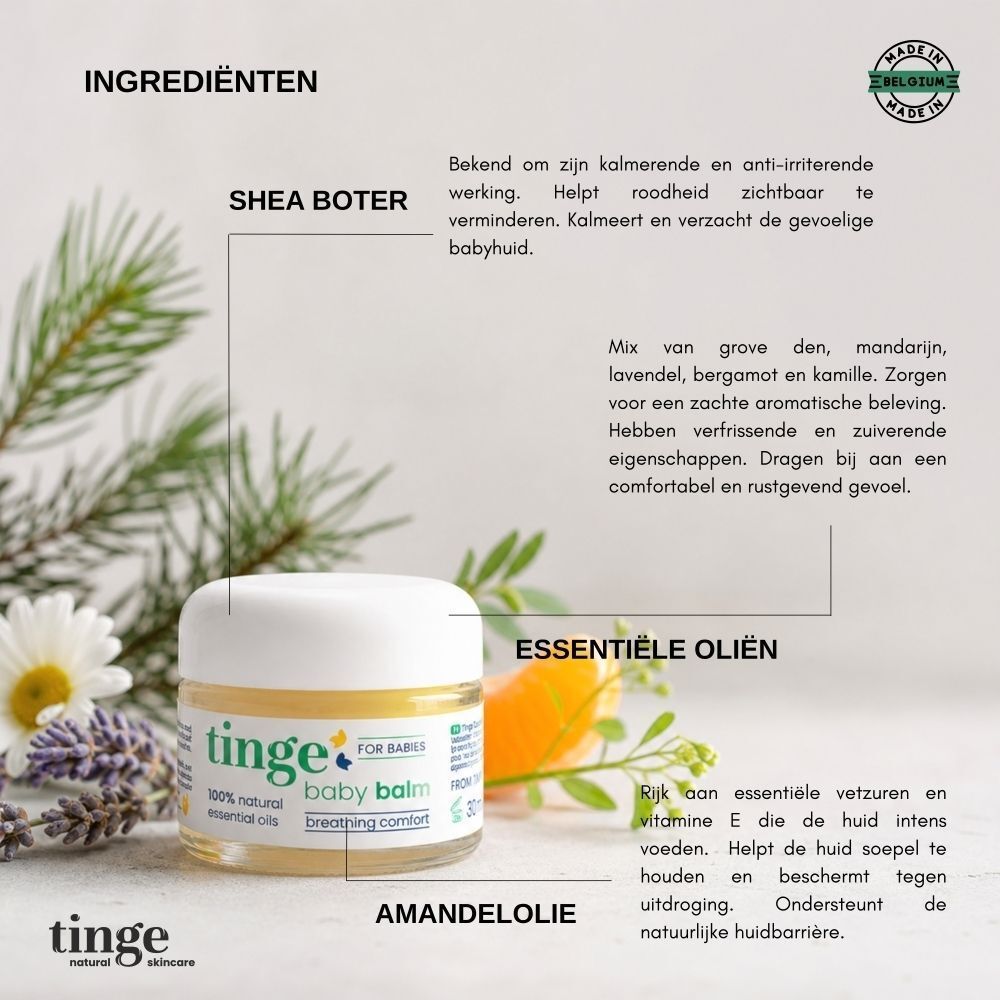 Tinge Babybalsem: Ingrediënten zoals shea boter en essentiële oliën voor baby's.