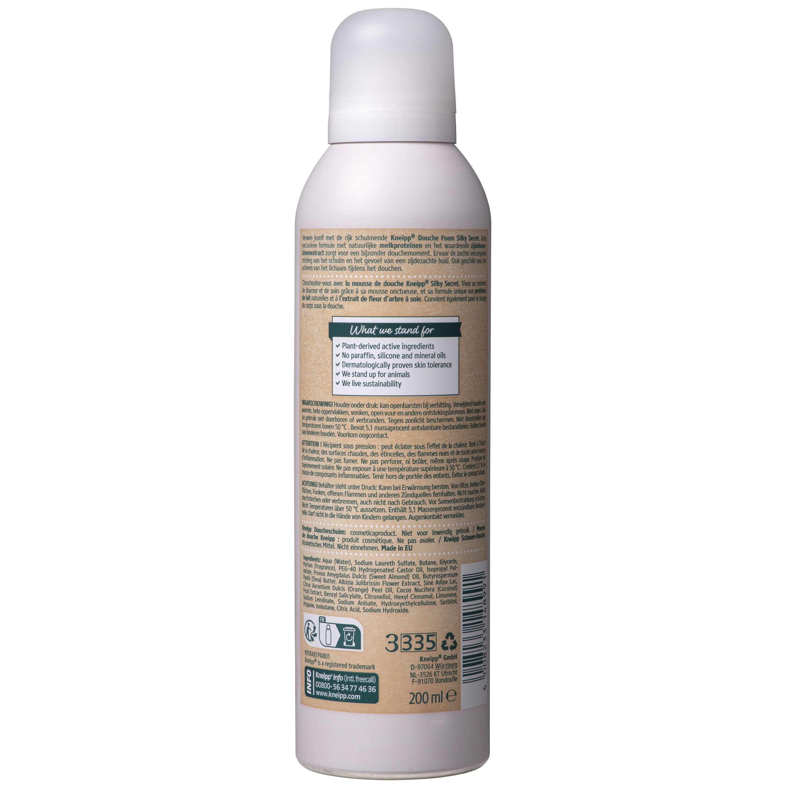 Arrière de la boîte de mousse de douche Kneipp Silky Secret avec informations produit et mention 200ml.