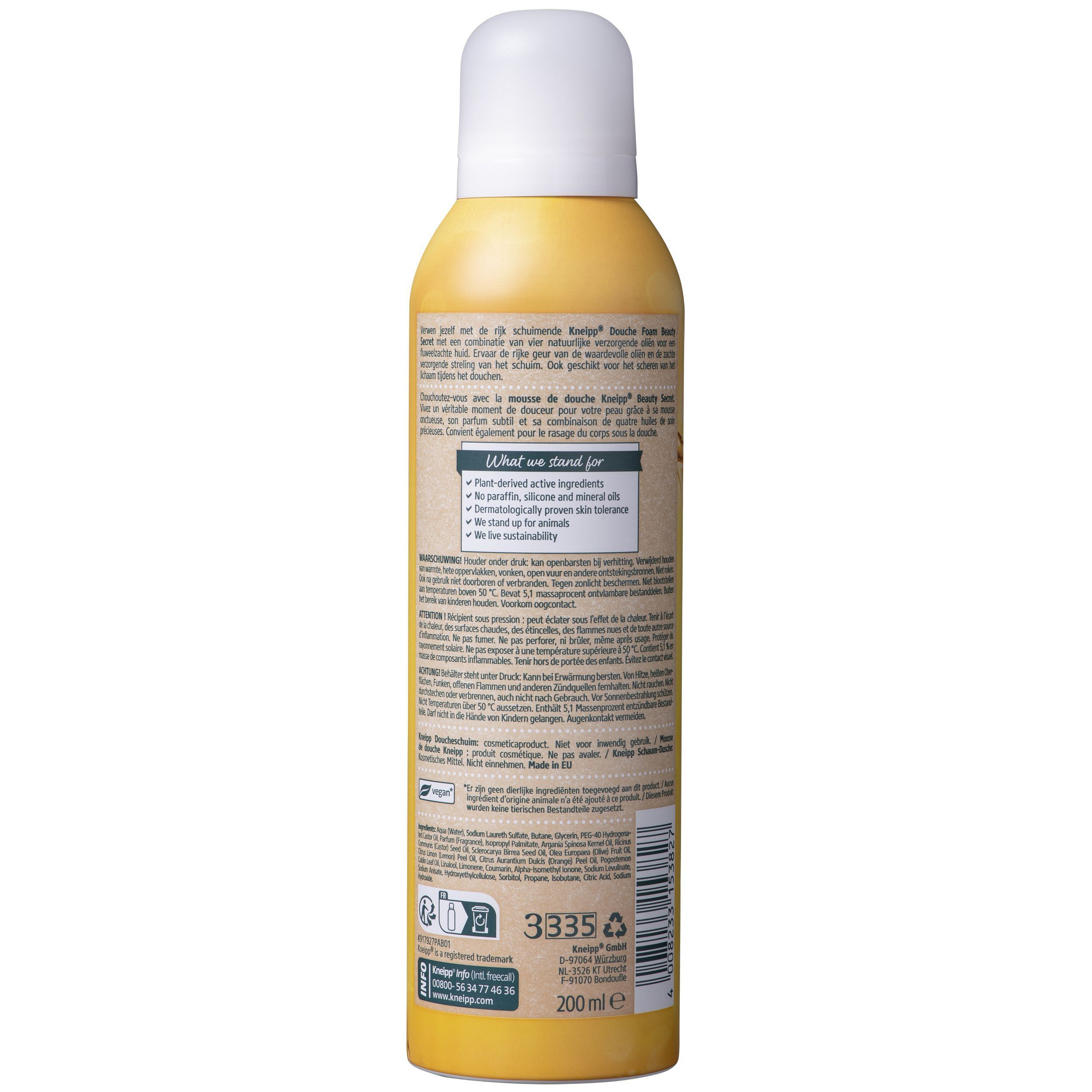 Achterkant van de Kneipp Douche Foam bus met productinformatie en ingrediënten. Bevat 200 ml.