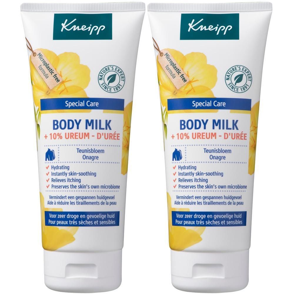 Twee tubes Kneipp Body Milk met 10% ureum en teunisbloem. Speciale verzorging voor droge, gevoelige huid.