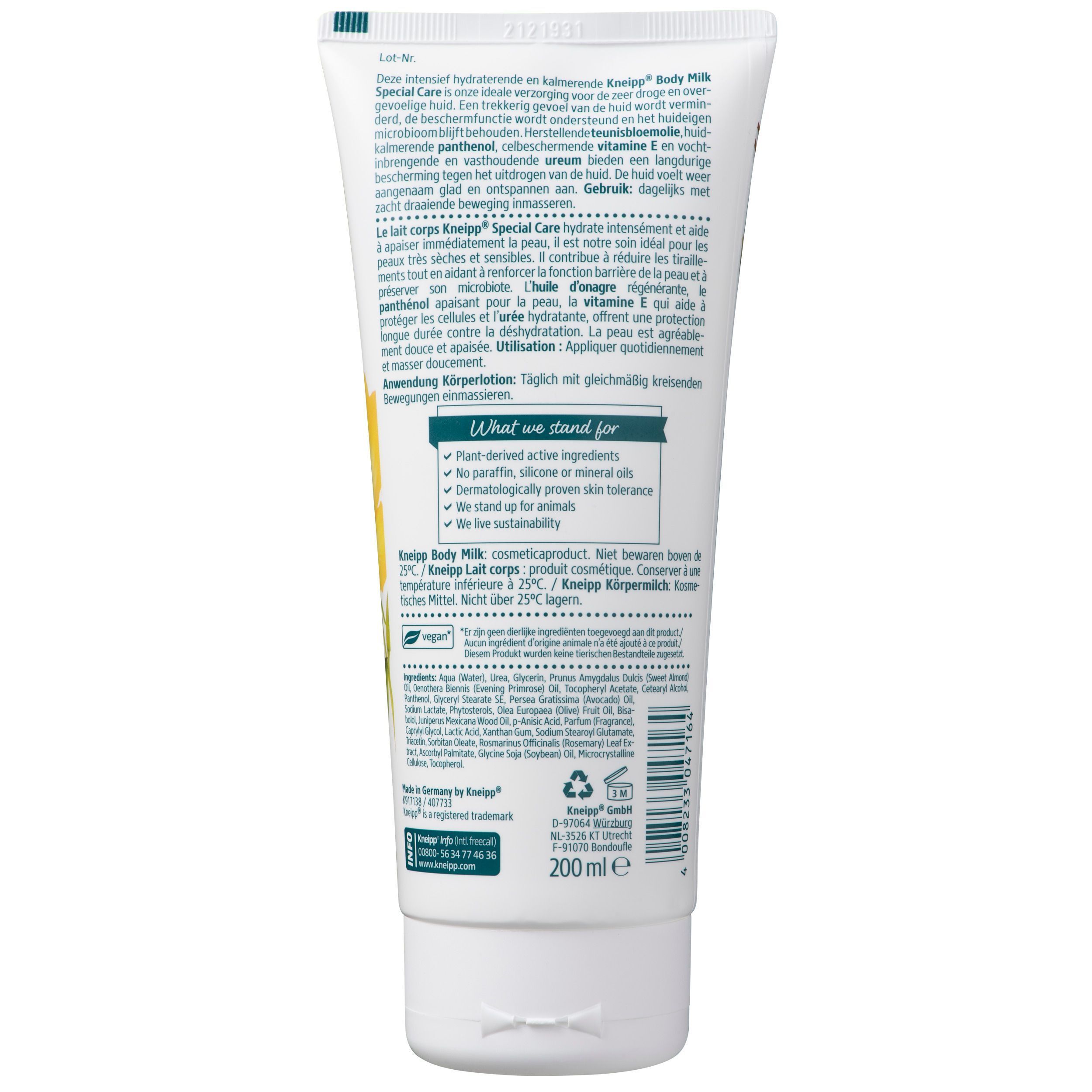 Achterkant van een tube Kneipp Body Milk met 10% ureum. Bevat panthenol en vitamine E. 200 ml.