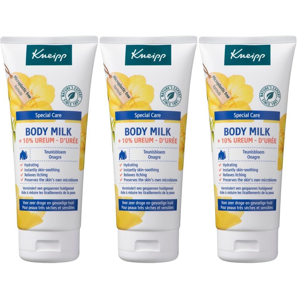 Trois tubes de Lait Corps Kneipp avec 10% d'Urée et extrait d'Onagre. Hydratant et apaisant.