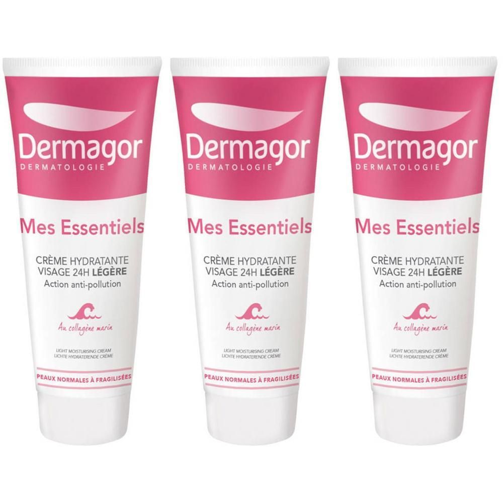 Drie tubes Dermagor hydraterende lichte gezichtscrème met anti-pollution werking.