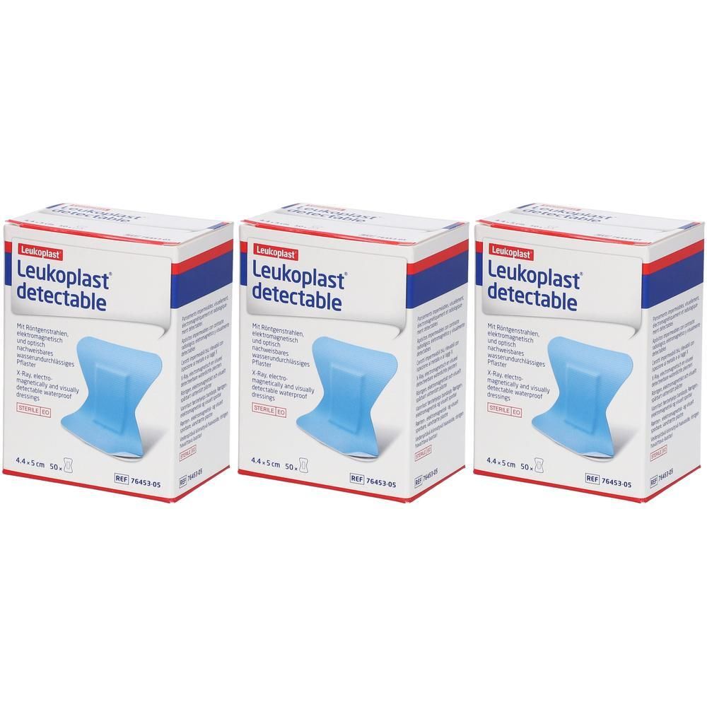 Trois boîtes de pansements détectables Leukoplast® pour bout de doigt, bleus.