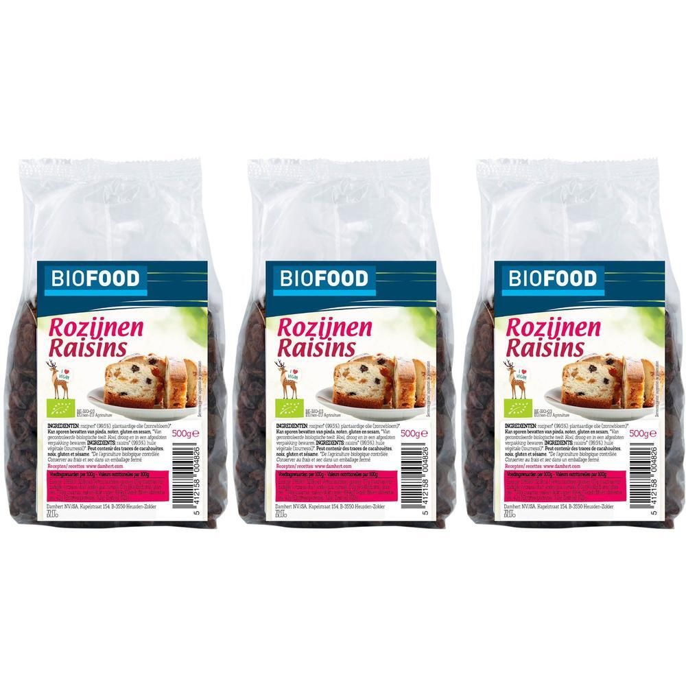 Drie pakken Biofood rozijnen, elk 500g.