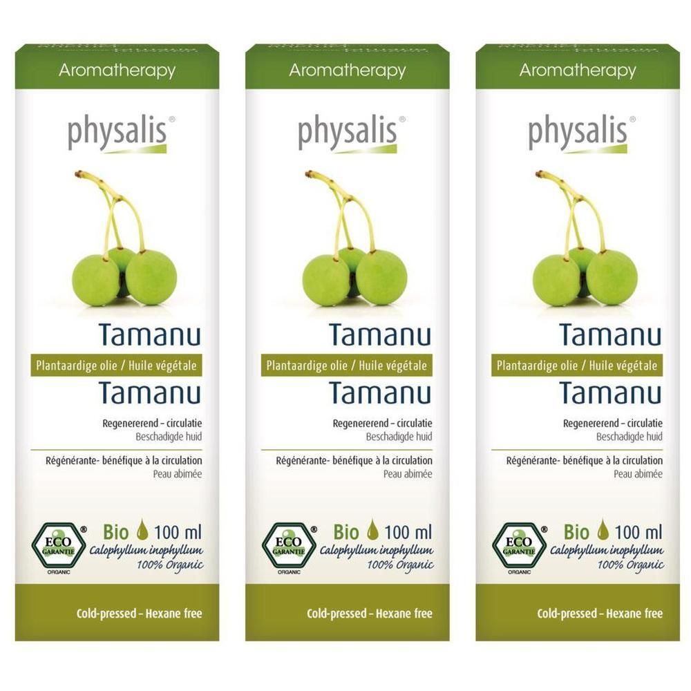 Trois flacons d'huile végétale Bio Physalis Tamanu. Avec fruits verts et texte. 100 ml.
