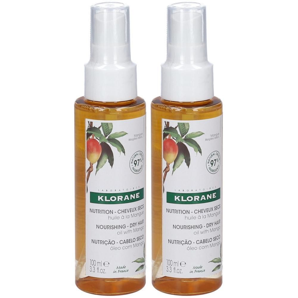 Deux flacons d'huile Klorane à la mangue, 100ml.