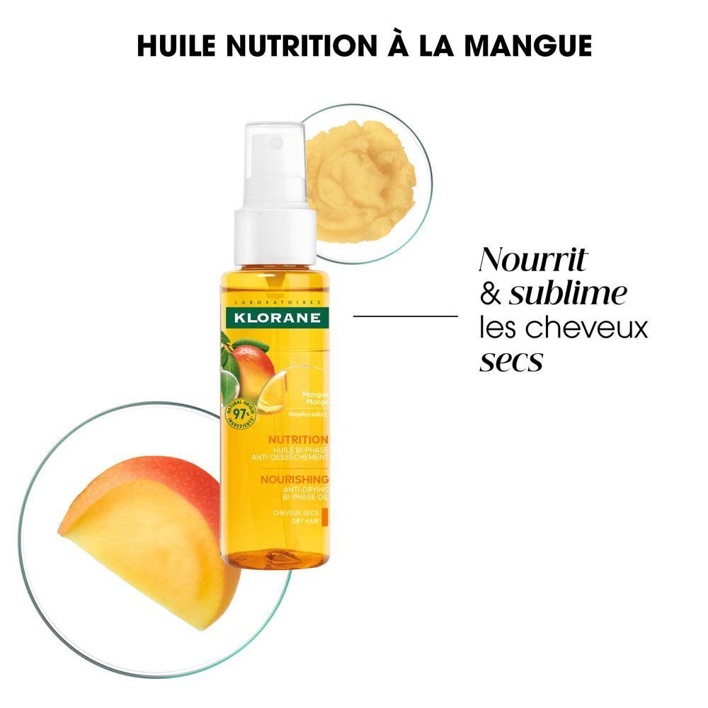 Femme aux cheveux nourris et coiffés par l'Huile Nutrition Mangue Klorane.