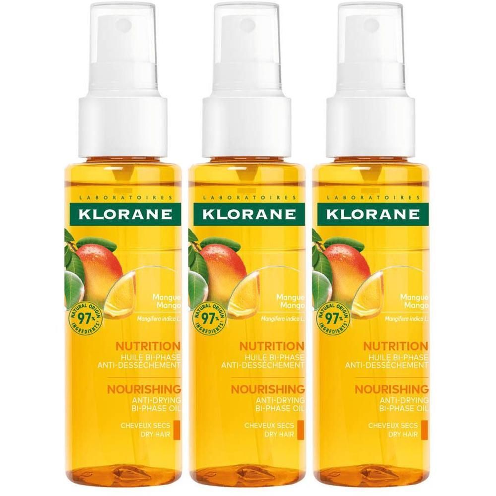 Drie Klorane haarolie flacons met mangoboter, 100ml.