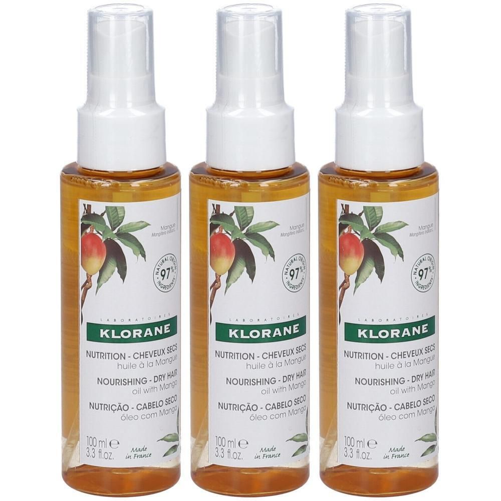 Trois flacons d'huile capillaire Klorane à la mangue, 100ml.