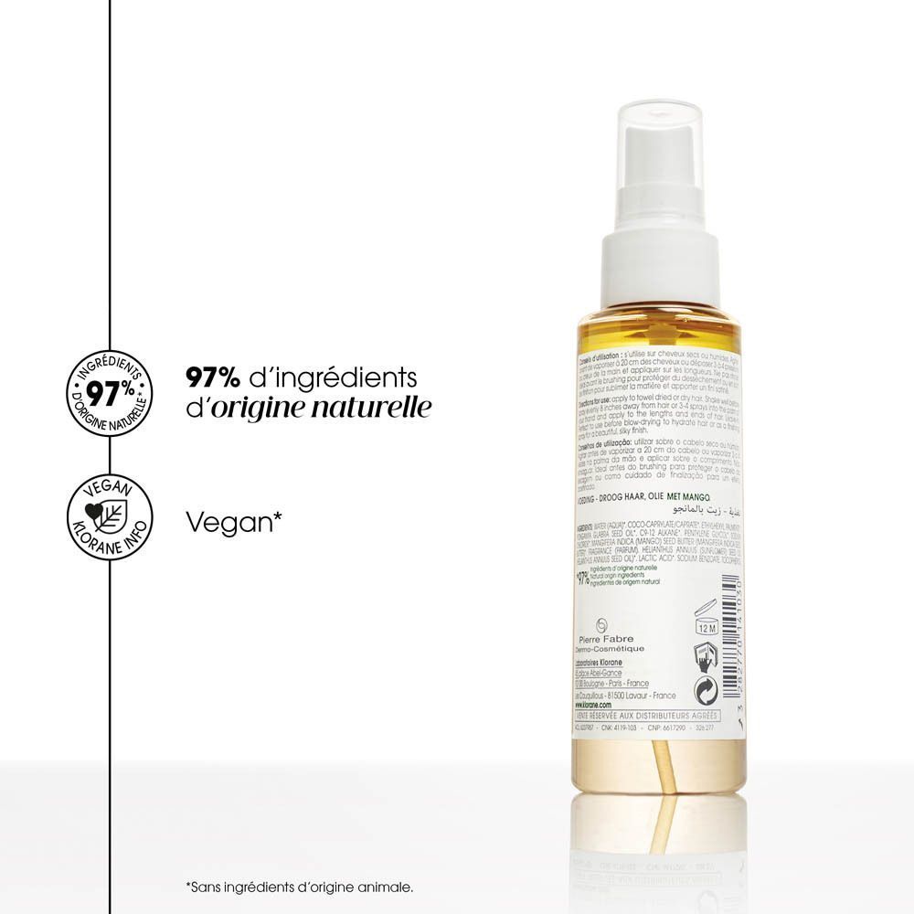 Flacon Klorane Mangue Huile Nutrition avec sceaux ingrédients naturels et Vegan.