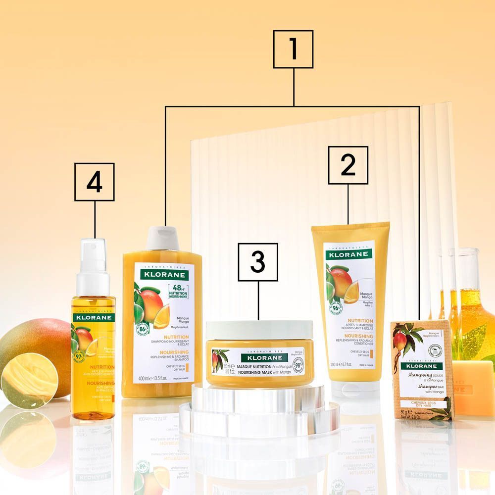 Drie Klorane haarolie flacons met mangoboter, 100ml.