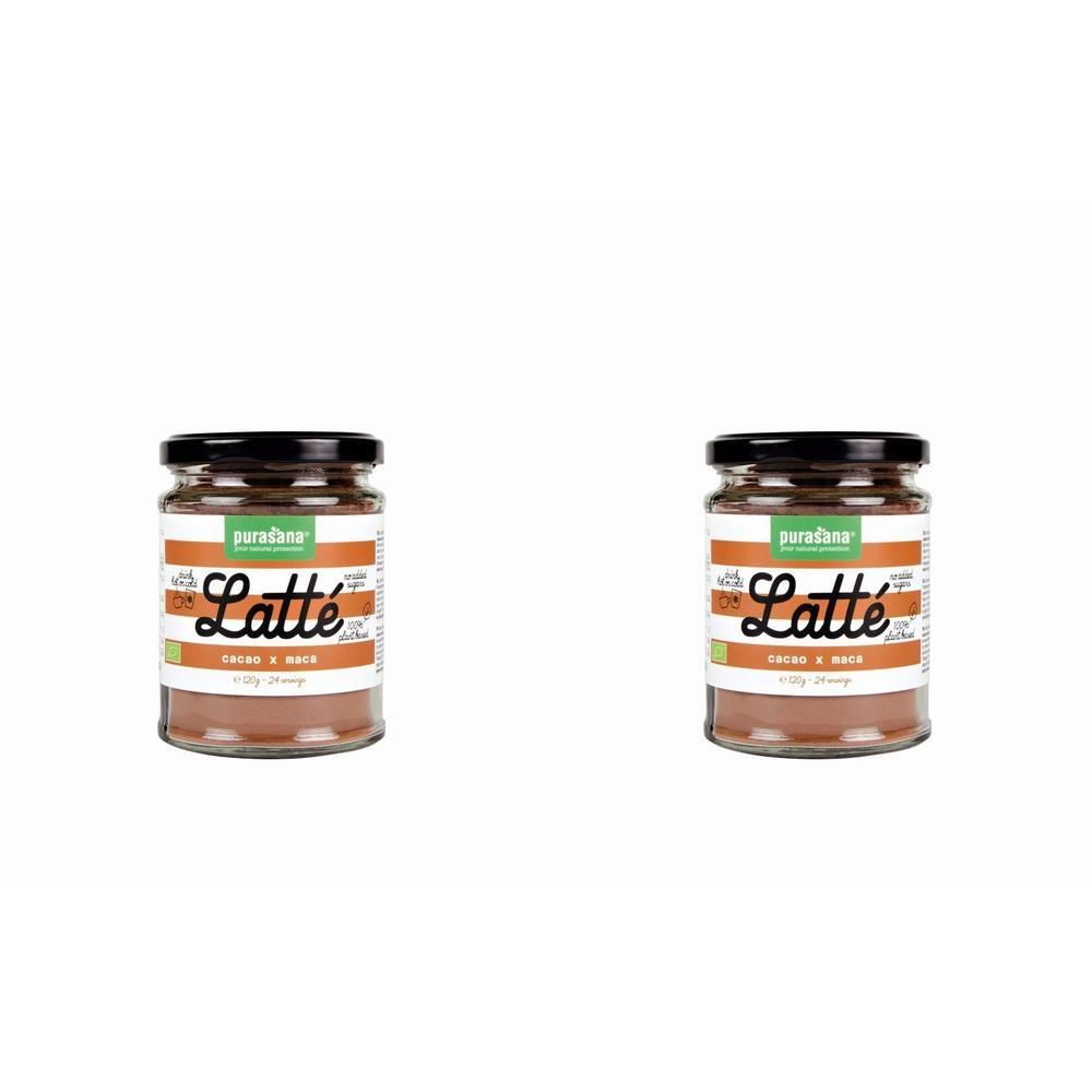 Deux pots de Purasana Cacao-Maca Latté en poudre.