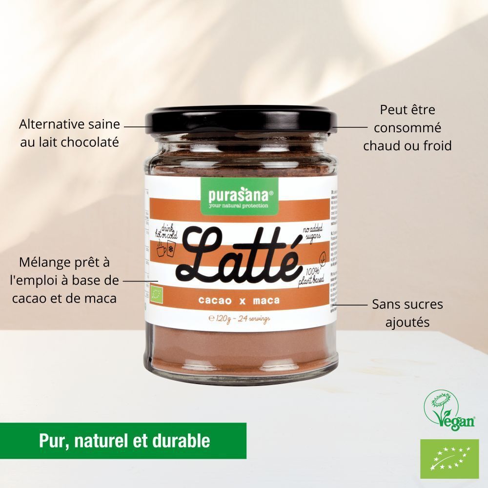 Pot de Purasana Cacao-Maca Latté en poudre, vegan et bio.