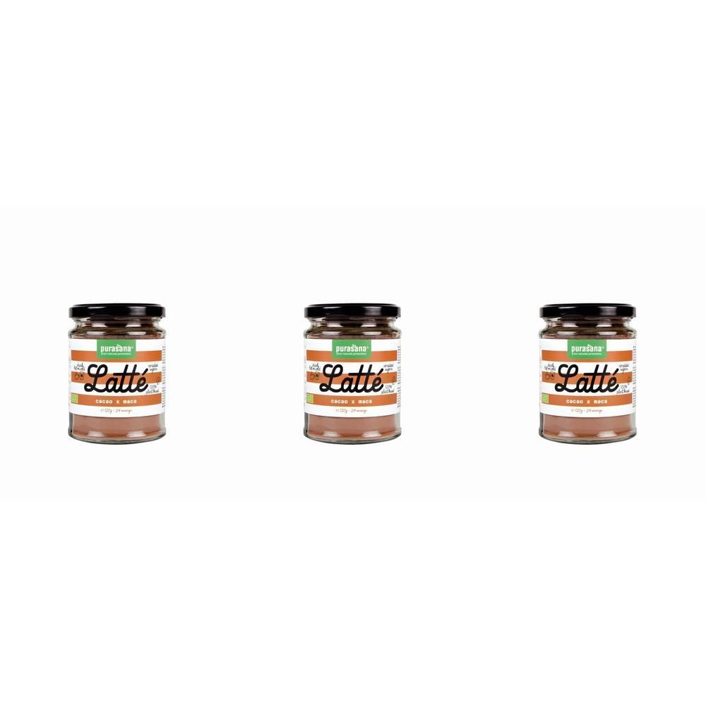 Trois pots de Purasana Cacao-Maca Latté sur fond blanc.