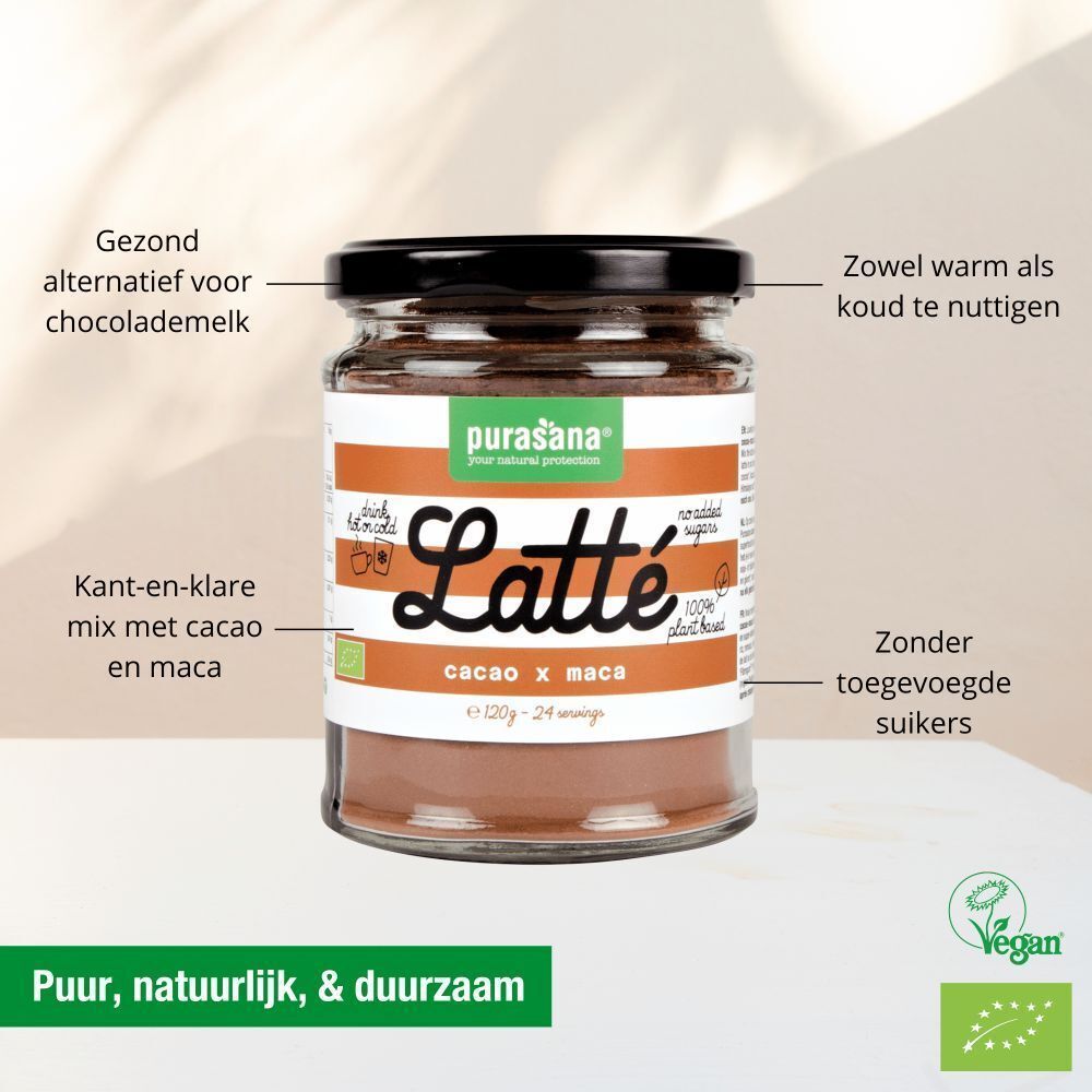 Pot Purasana Cacao-Maca Latté met etiket waarop 'Latte Cacao x Maca' staat. Vegan en Biologisch gecertificeerd.