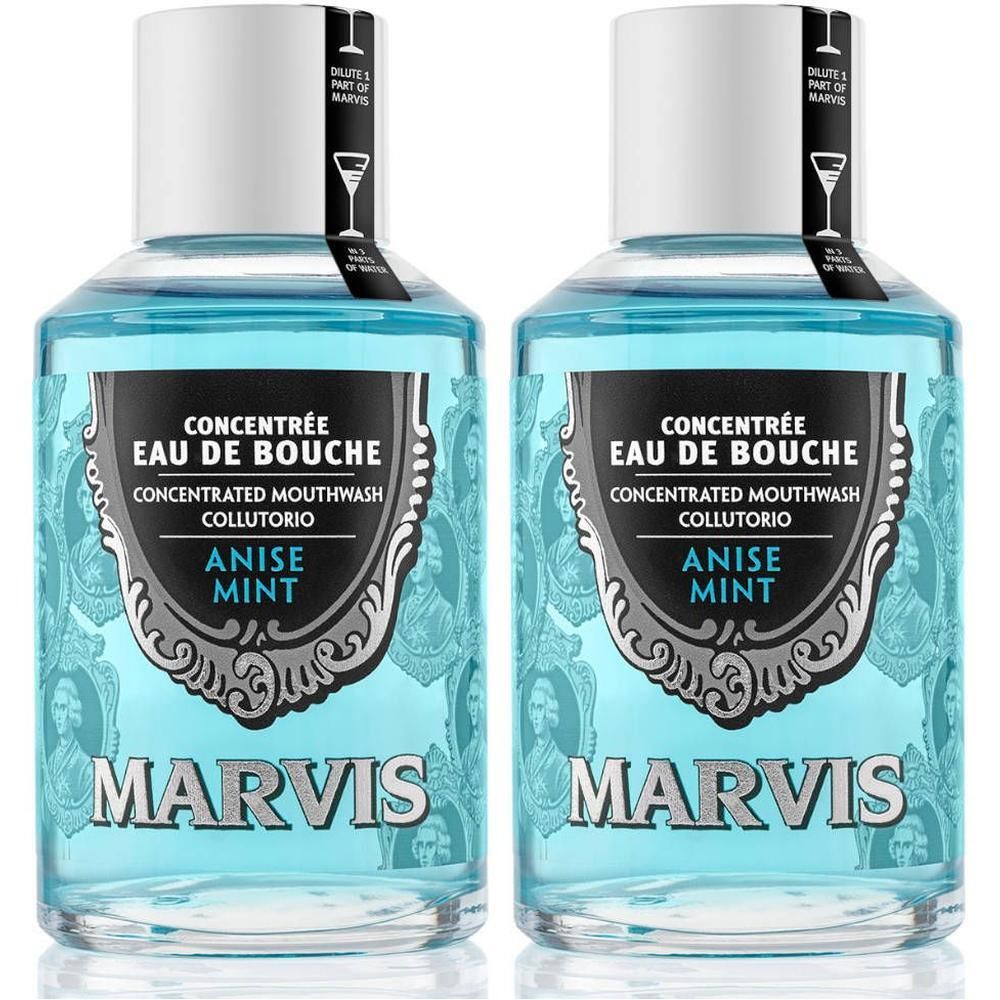 Deux flacons de concentré de bain de bouche Marvis Anis Menthe.