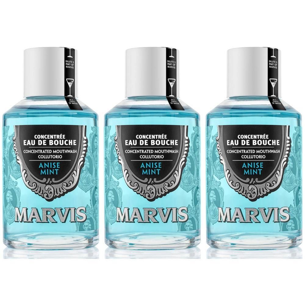 Trois flacons de bain de bouche concentré Marvis Anise Mint.