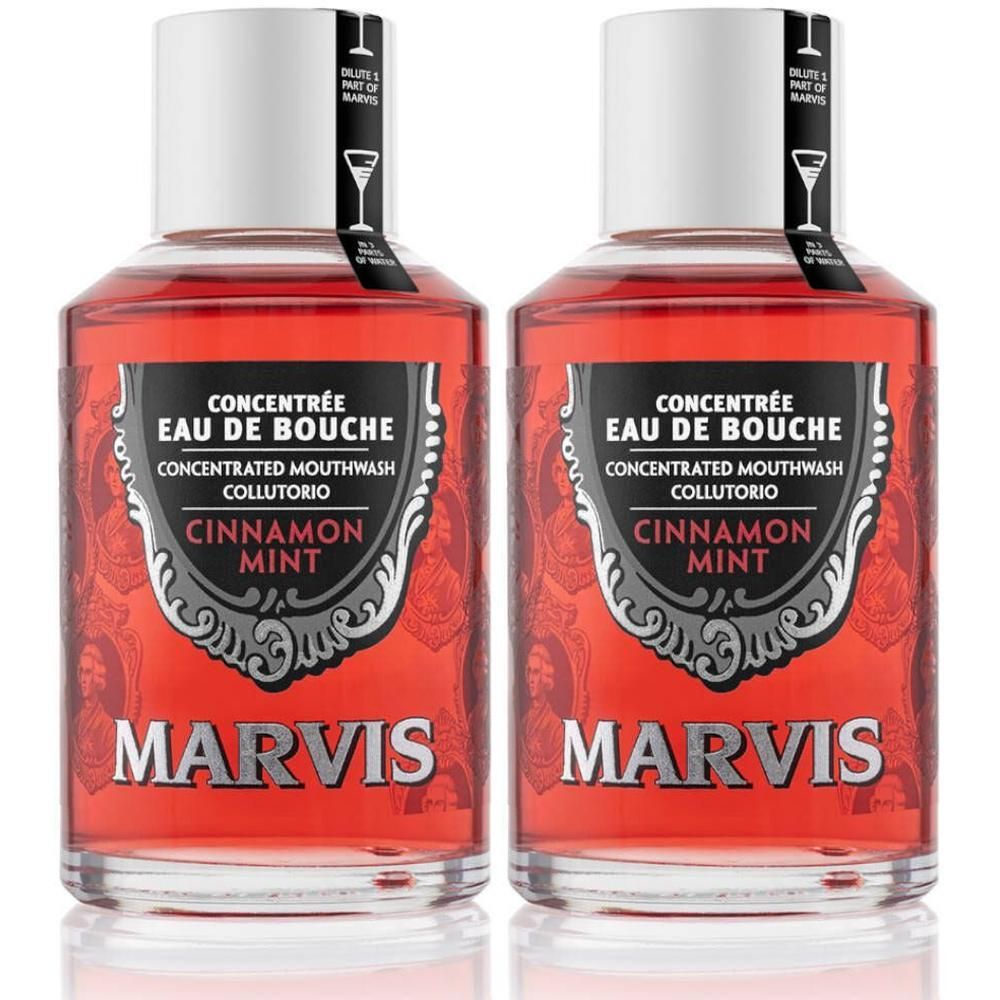 Twee flessen Marvis Eau de Bouche geconcentreerde mondspoeling, Kaneel Munt smaak.
