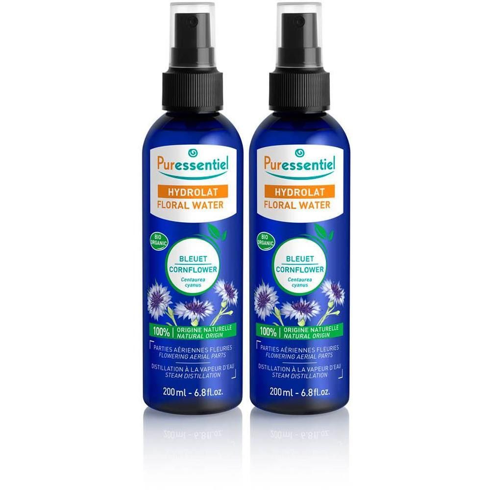 Deux flacons d'hydrolat de bleuet Puressentiel avec vaporisateur.