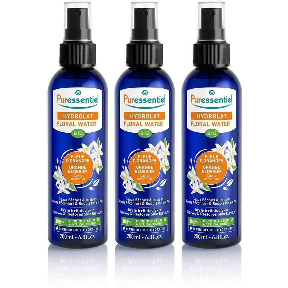 Trois flacons de Puressentiel Hydrolat de Fleur d'Oranger Bio, 200ml.