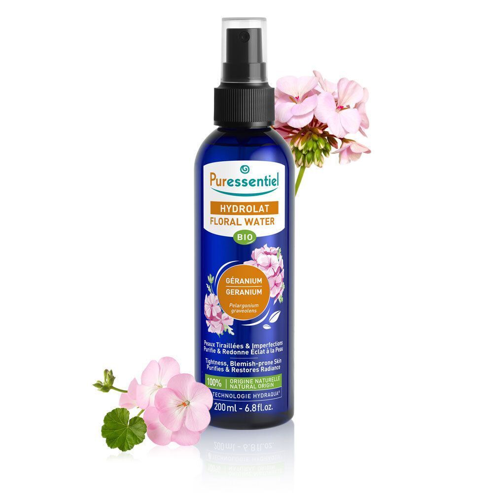 Puressentiel Hydrolat Floral Water Bio Geranium sprayfles met roze bloemen, 200ml.