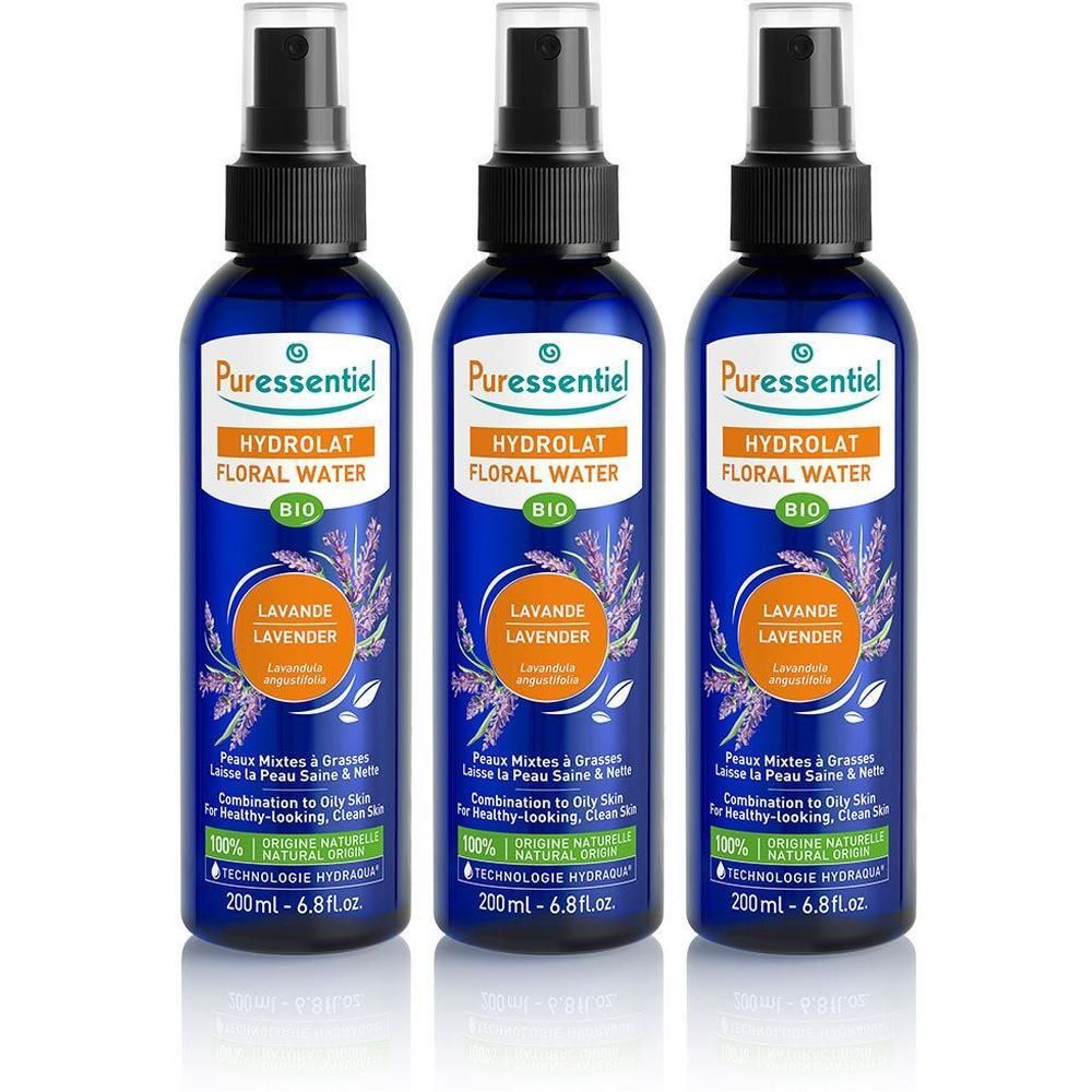 Trois flacons spray Puressentiel Hydrolat Floral Lavande BIO, 200ml.
