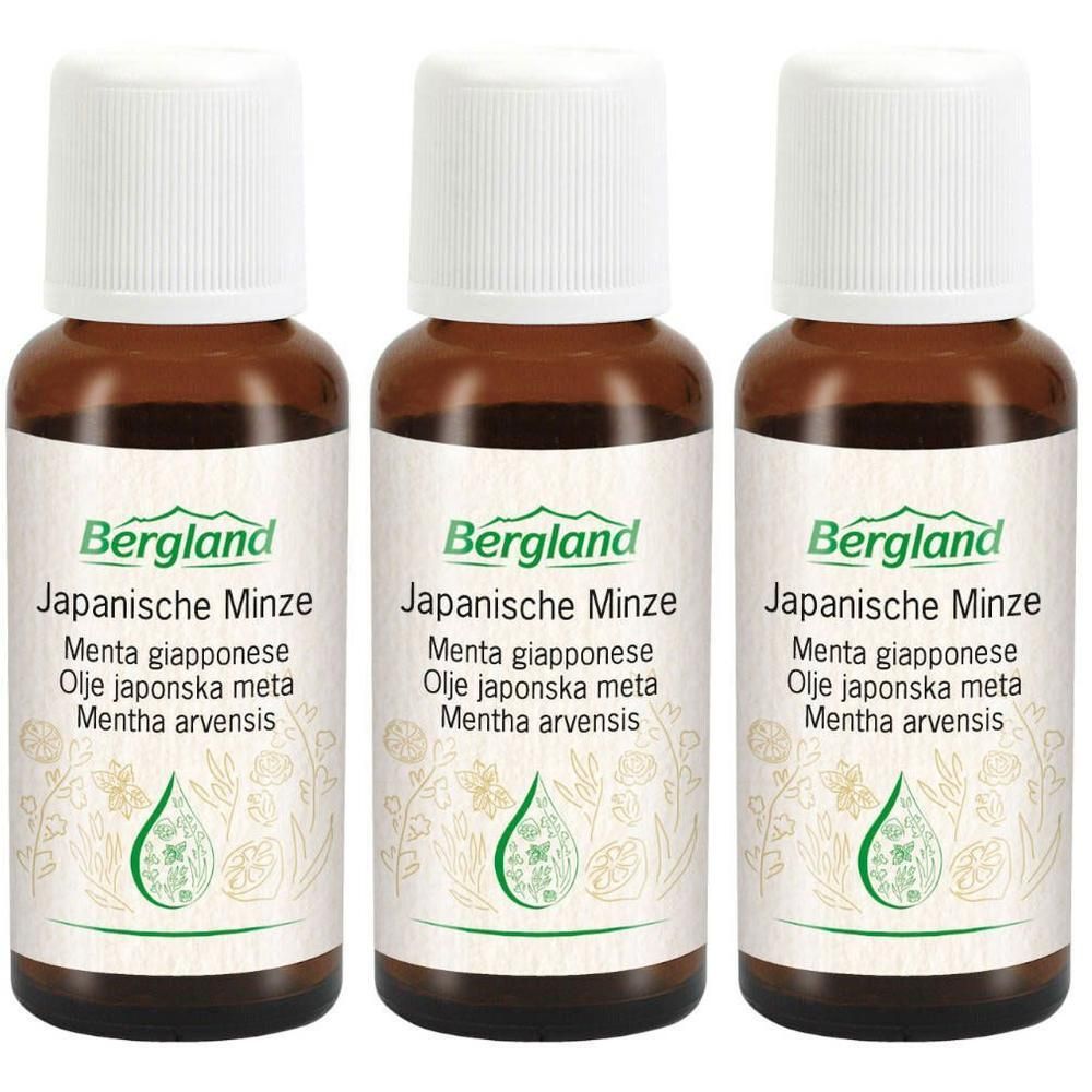 Drie flessen Bergland Japanse muntolie met witte schroefdoppen. Bruine glazen flesjes met etiketten.