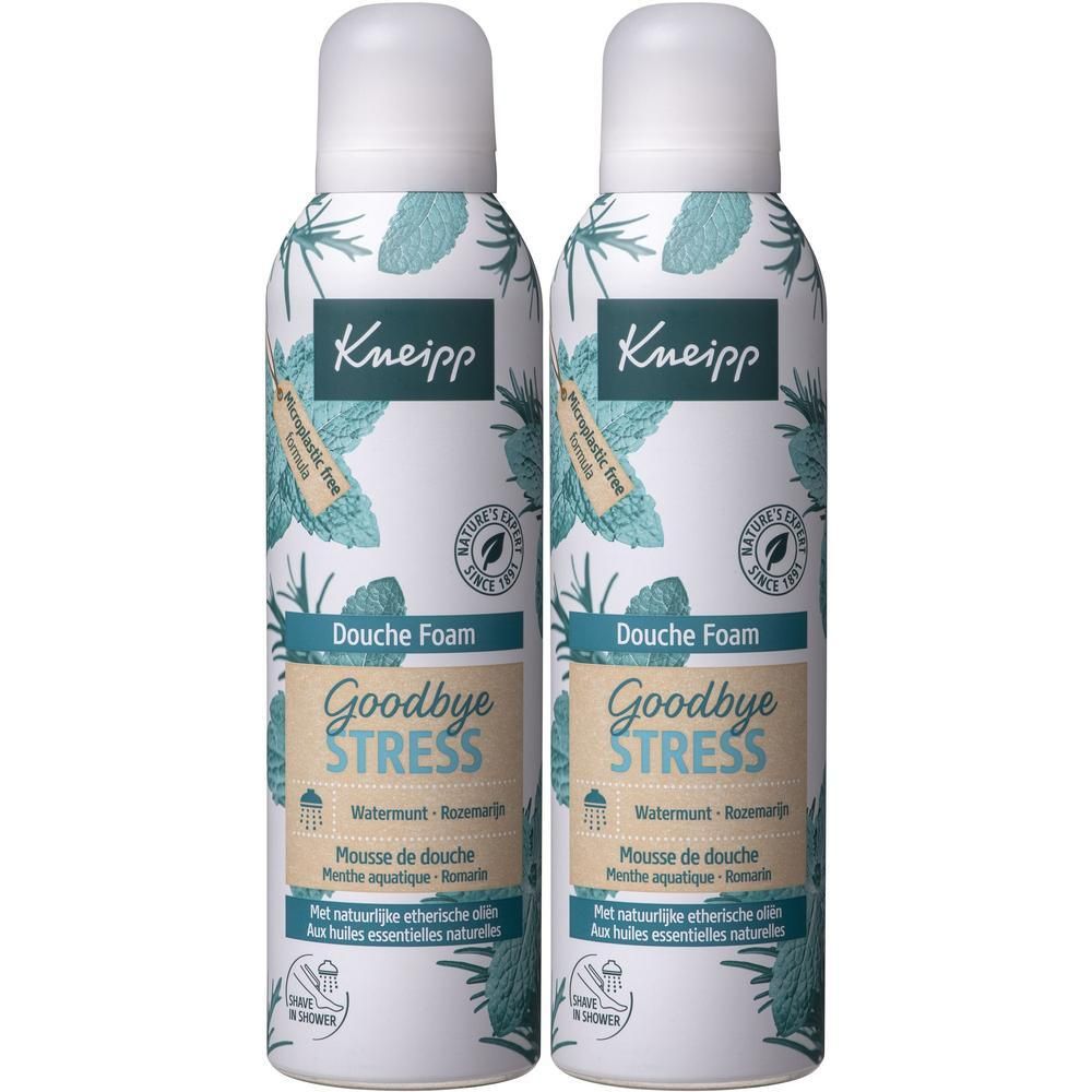 Twee flacons Kneipp Goodbye Stress Douche Mousse, geur munt en rozemarijn.
