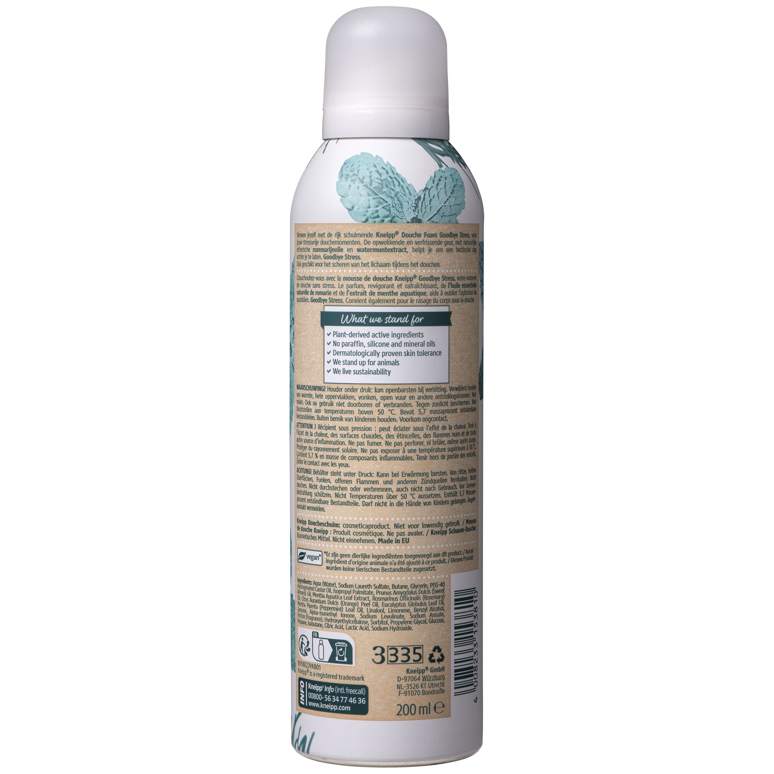 Achterkant van een fles Kneipp Goodbye Stress Douche Mousse met productinformatie en 200ml vermelding.