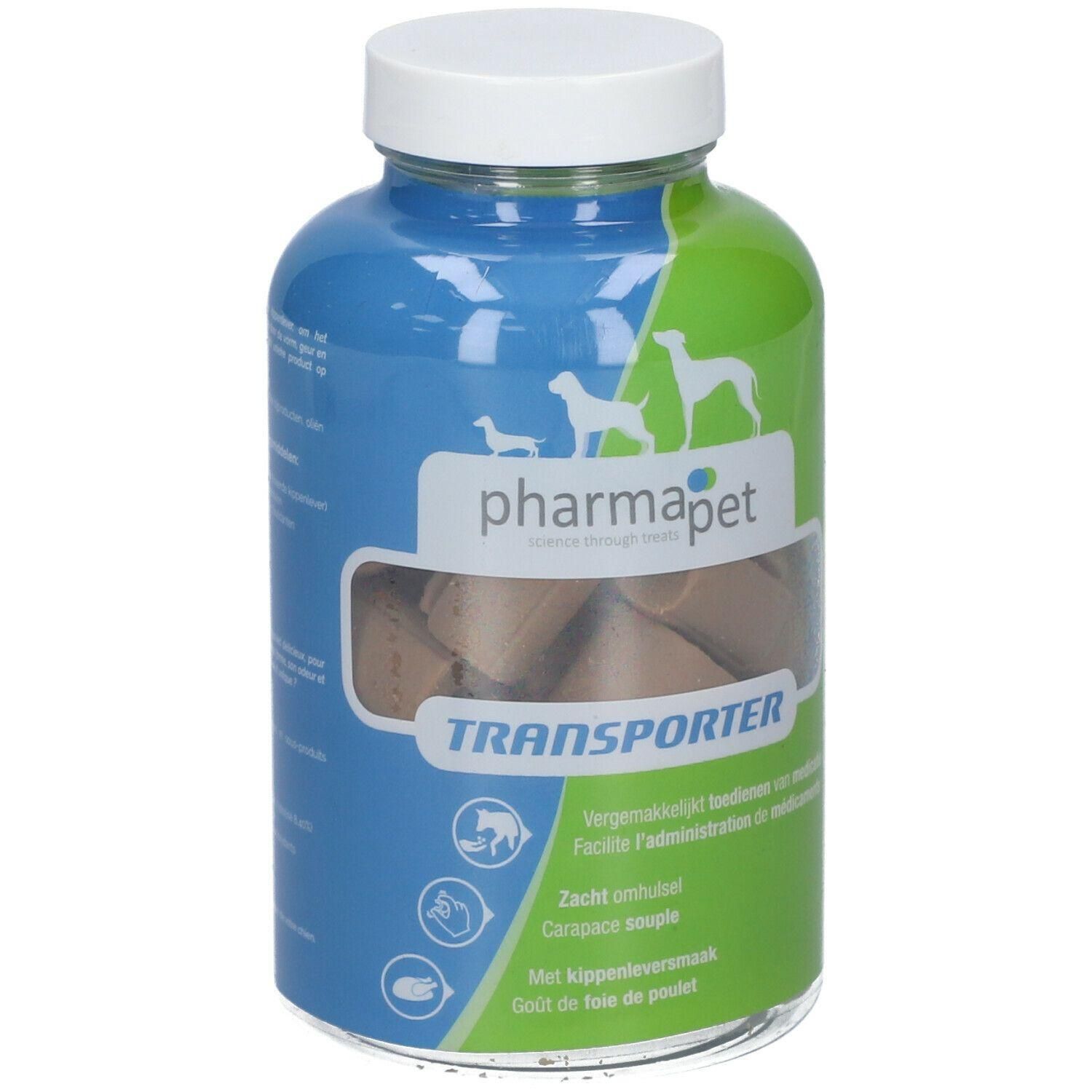 Pharma Pet Transporter pot met hondenlekkernijen. Blauwe en groene verpakking met hondensilhouetten.