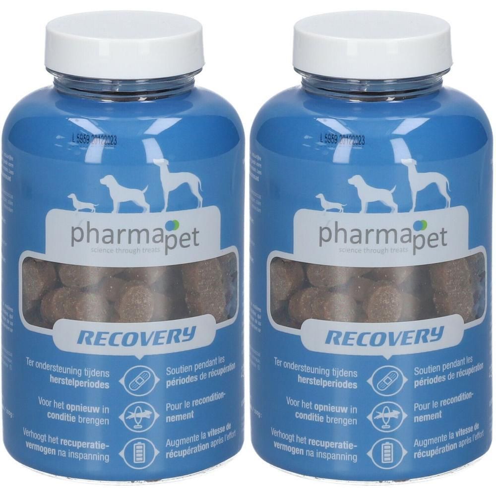 Twee blauwe potten met Pharma Pet Recovery tabletten voor honden.