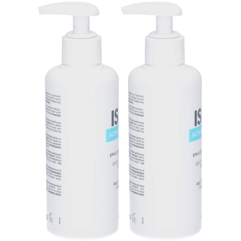 Deux flacons pompe blancs avec ISDIN ACNIBEN® REPAIR Émulsion. Étiquetage en allemand, français, italien, néerlandais.