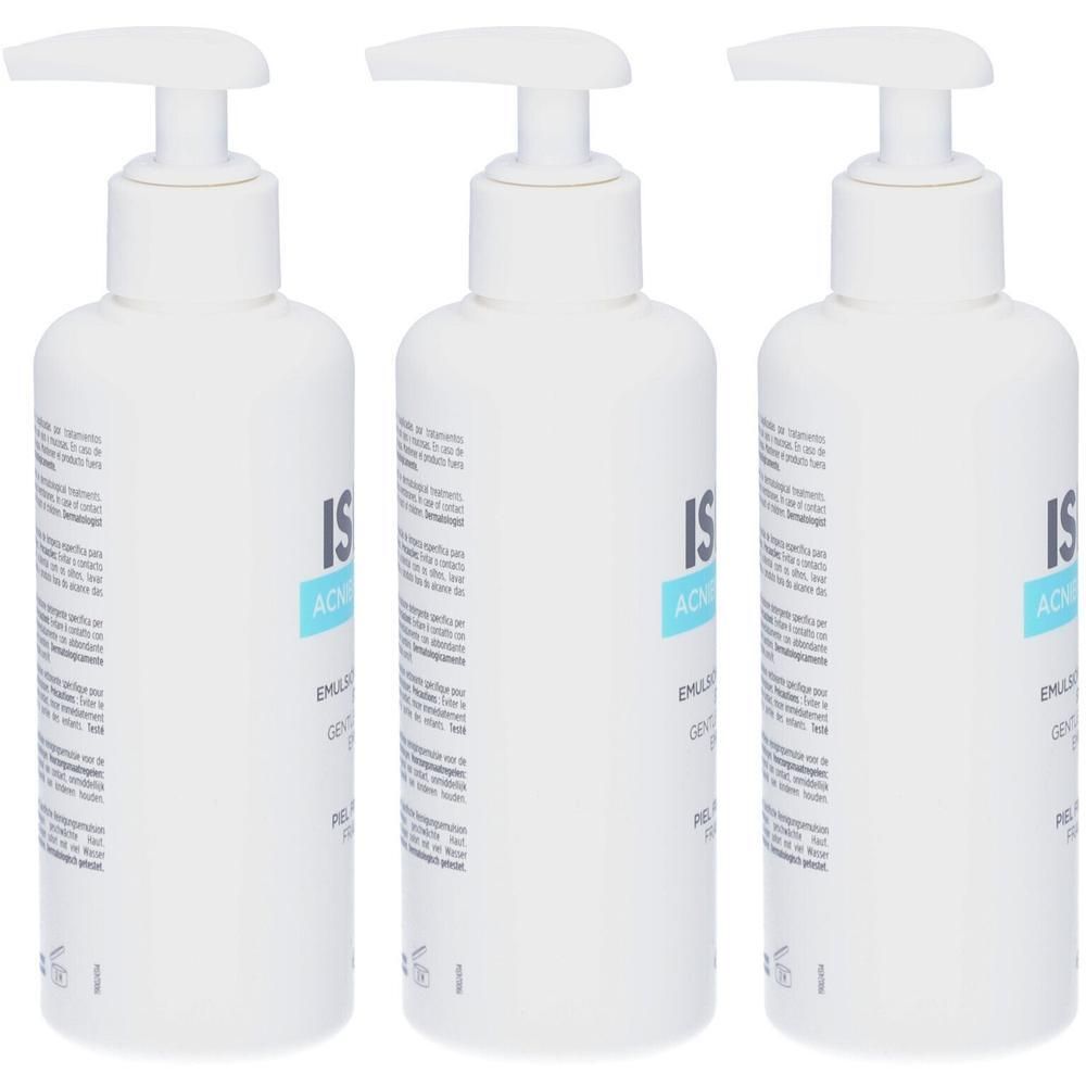 Trois flacons pompe blancs avec inscription ISDIN Acniben Repair.