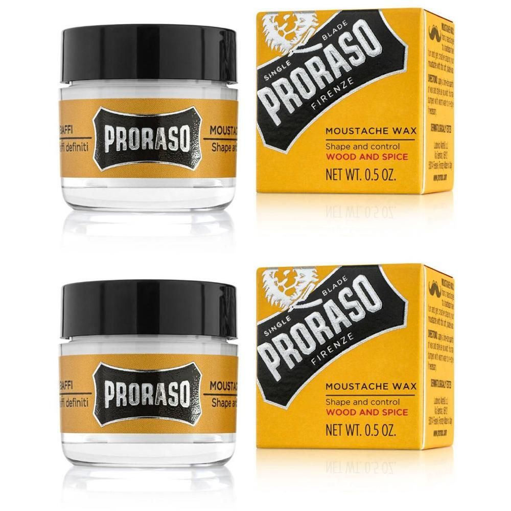 Twee potten en dozen Proraso Wood & Spice snorrenwax. 0,5 oz.