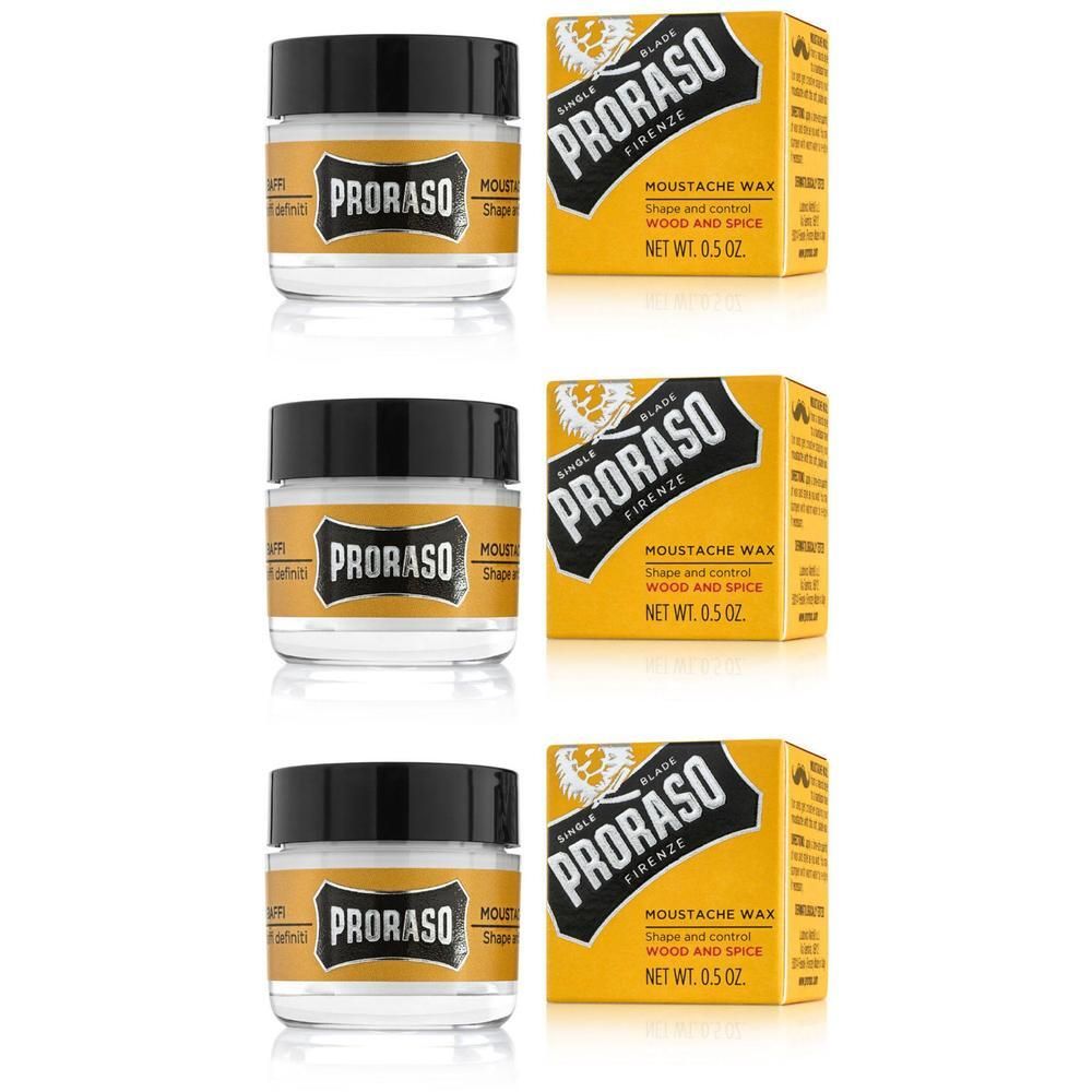 Drie potjes en doosjes Proraso snorrenwax, Wood & Spice.