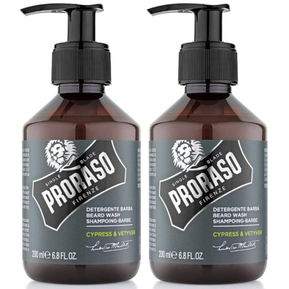 Twee flessen Proraso baardshampoo met pompdos. Bruine flessen met grijs etiket, 200ml.